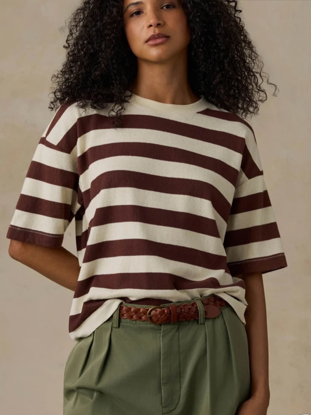 Faherty Striped Short-Sleeve Crewneck Top hemp cotton
 Brown and Cream sz L